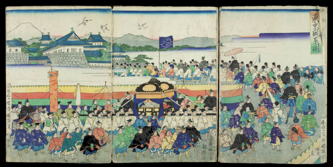 Imperial military parade – Emperor Meiji reviewing the troops